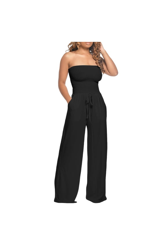New Jumpsuit For Women Solid Color Strapless Loose Fit Onesie Wide Leg Drawstring Pants With Pockets Suitable For Travel Workout Office Home
