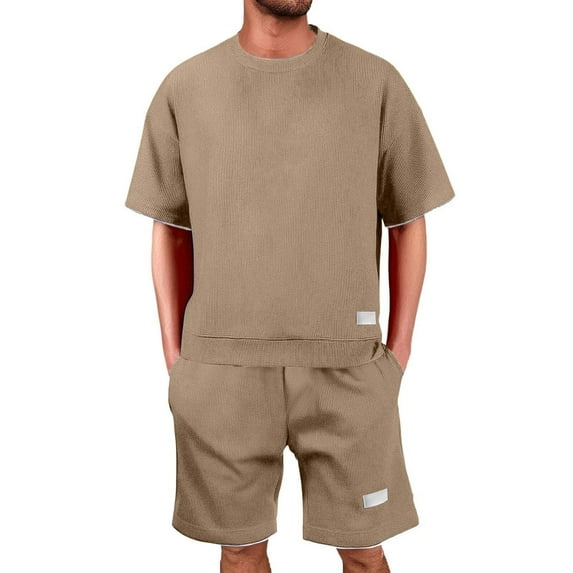 FINALGANG New Outfits For Men Solid Color Short Sleeve O-Neck Waffle Shirt Shorts Labeling Loose Fit 2 Piece Set Relaxed Fit Breathable Daily Wear