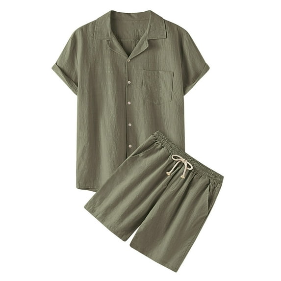 FINALGANG New Outfits For Men Solid Color Short Sleeve Turndown Collar Buttons Down Shirt Drawstring Shorts With Pockets Casual Set Relaxed Fit Breathable Daily Wear