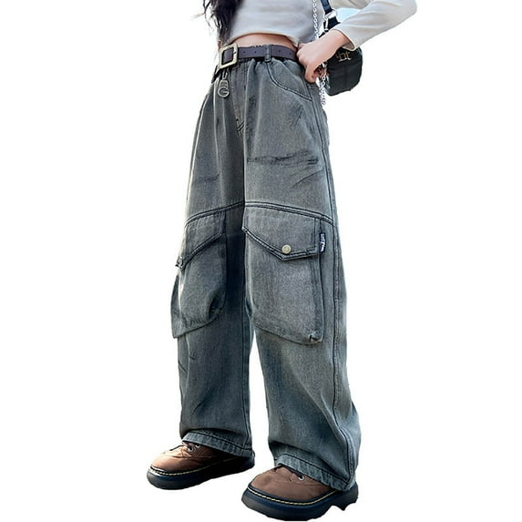 FINALGANG New Pants For Girls Solid Color Elastic Waistband Cargo Jeans Straight Leg Baggy Denim Trousers With Multiple Pockets Durable Skin Friendly Fabric For Kid