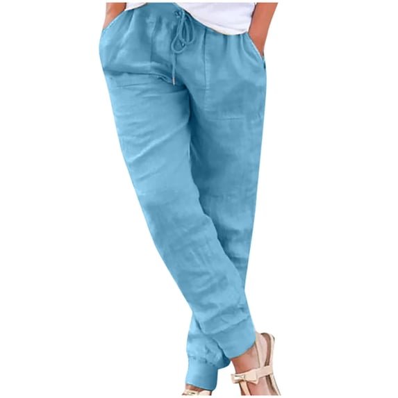 FINALGANG New Plus Size Trousers For Women Solid Color Cotton Linen Slacks Drawstring Ankle-Tied Pants With Pockets Leisure Breathable Daily Wear
