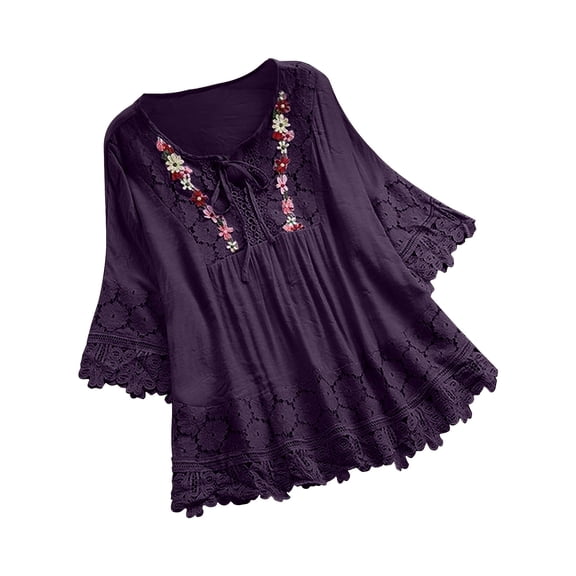 FINALGANG New Shirt For Women Flower Print O-Neck 3/4 Sleeve Vintage Top Loose Fit Lace Drawstring Shirt Adult Durable Sunsuit Clothes