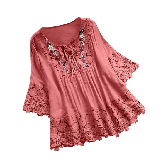 FINALGANG New Shirt For Women Flower Print O-Neck 3/4 Sleeve Vintage Top Loose Fit Lace Drawstring Shirt Adult Durable Sunsuit Clothes