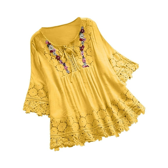 FINALGANG New Shirt For Women Flower Print O-Neck 3/4 Sleeve Vintage Top Loose Fit Lace Drawstring Shirt Leisure Breathable Daily Wear