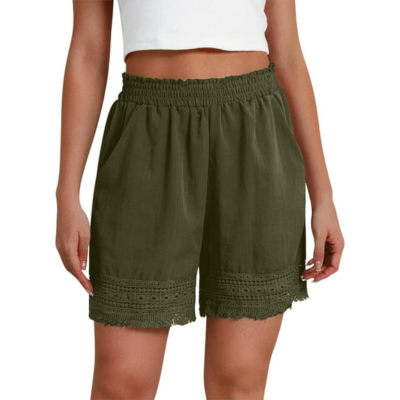 FINALGANG New Shorts For Women Solid Color Elastic Waistband Shorts Lace Trim Bottom With Pockets Design Durable Skin Friendly Fabric