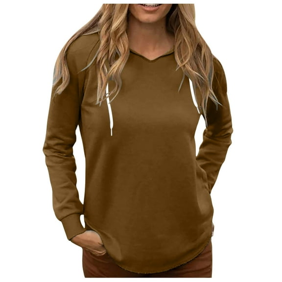 FINALGANG New Sweatshirts For Women Solid Color Long Sleeve V-Neck Hooded Top Casual Shirt With Drawstring Skin Friendly Relaxed Fit Activewear