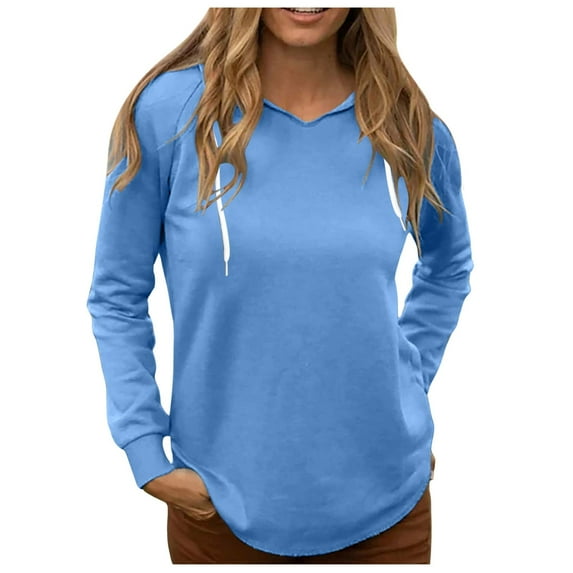 FINALGANG New Sweatshirts For Women Solid Color Long Sleeve V-Neck Hooded Top Casual Shirt With Drawstring Skin Friendly Relaxed Fit Activewear