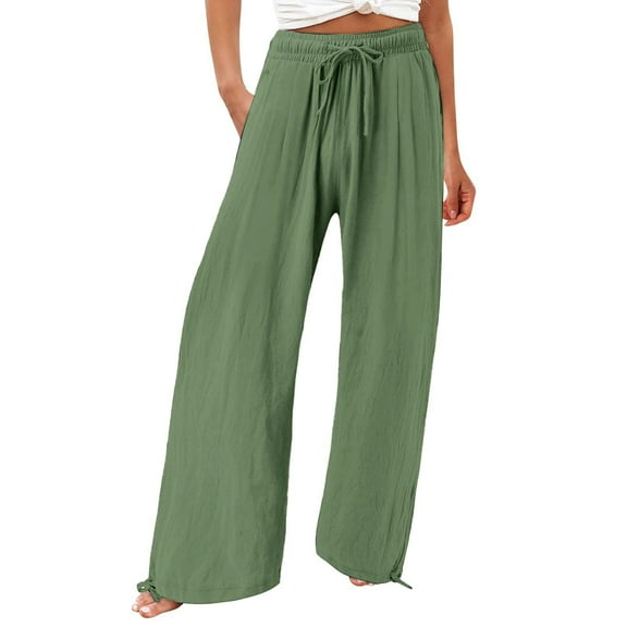 FINALGANG New Trousers For Women Solid Color Wide Leg Flowy Pants Drawstring Slacks With Pockets Relaxed Fit Comfort Daily Wear