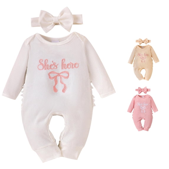 FINALGANG Baby Girls Crew Neck Long Sleeve Waffle Knit Letter Bow Embroidery Side Ruffle Jumpsuit Big Bow Headband Two Piece Outfit Sets Stylish Sets 3-6 Months