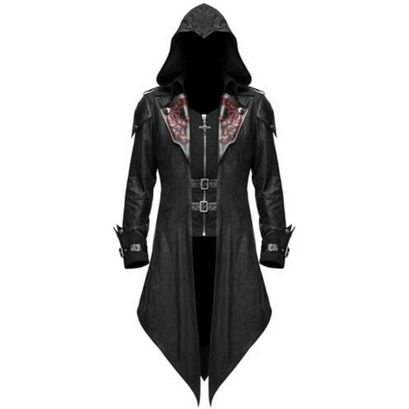FINALGANG Simple Jacket For Men Print Hooded Long Sleeve Court Tuxedo Vintage Halloween Perform Leather Coat Design Durable Soft Fabric