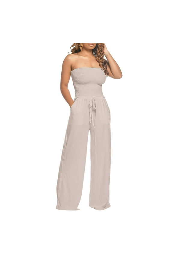 Simple Jumpsuit For Women Solid Color Strapless Loose Fit Onesie Wide Leg Drawstring Pants With Pockets Suitable For Travel Workout Office Home