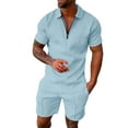 thumbnail image 1 of FINALGANG Simple Outfits For Men Stripe Print Short Sleeve Turndown Collar 1/4 Zipper Shirt Shorts Casual Set Design Durable Soft Fabric, 1 of 4