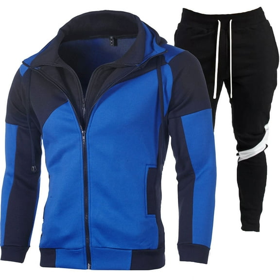 FINALGANG Simple Outfits For Men Solid Color Patchwork Hooded Long Sleeve Drawstring Full Zip Hoodie Sweatpants With Pockets Two Piece Athletic Sets Design Durable Soft Fabric