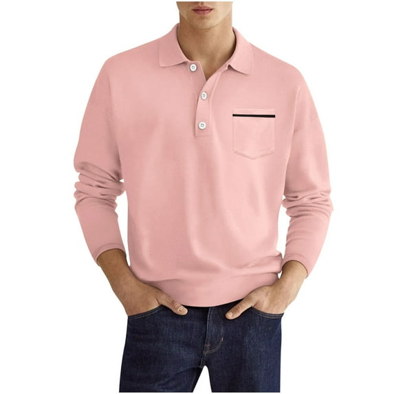 FINALGANG Men Versatile Shirt Solid Color Long Sleeve Turndown Collar 3 Buttons Down Top Casual Polo Shirts With Striped Pocket Breathable Daily Wear