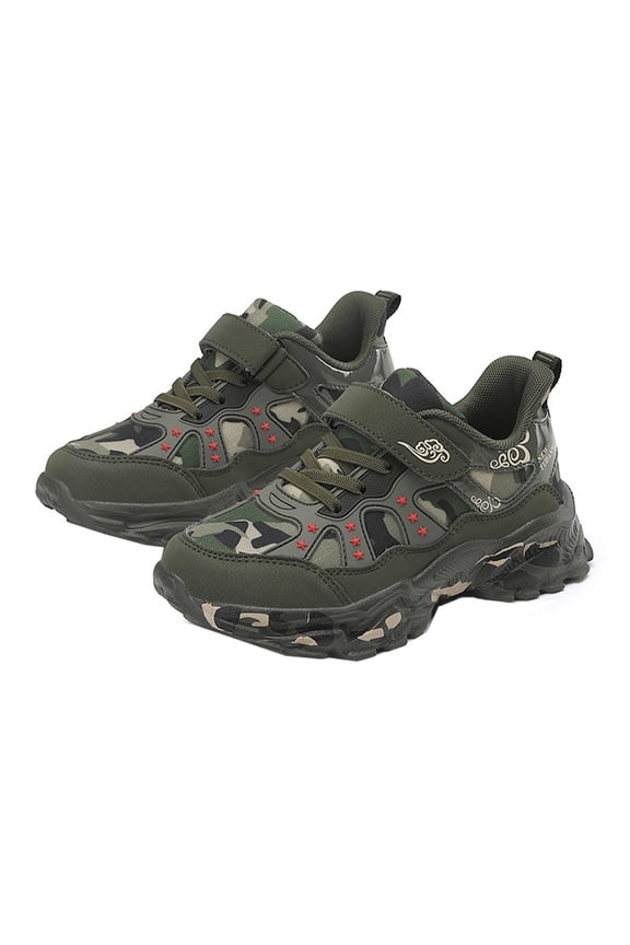 Summer Sneakers For Boy Camouflage Patchwork Lace Up Lightweight Shoes Soft Soled Hook And Loop Training Shoe With Easy-Clean Modern Design