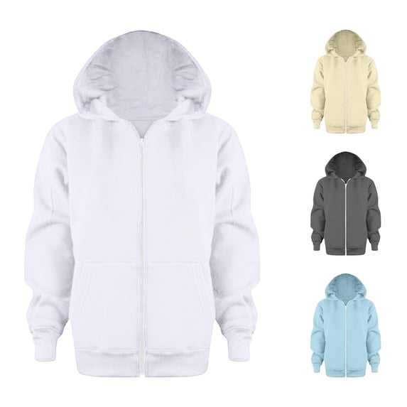 FINALGANG Teen Girls V Neck Full Zip Up Hooded Jacket With Dual Side Pockets Spring Regular Fit Solid Loose Casual Outerwear Top For Teenagers Classic Top White 4-5 Years