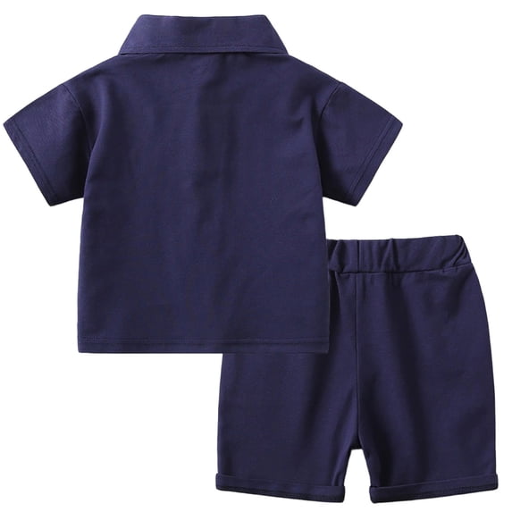 FINALGANG Toddler Boys Girls Solid Color Letter Print Polo Shirt Set Short Sleeve Button Down Casual Top Loose Fit Shorts Two Piece Outfit For Summer Daily Wear Trendy Outfit