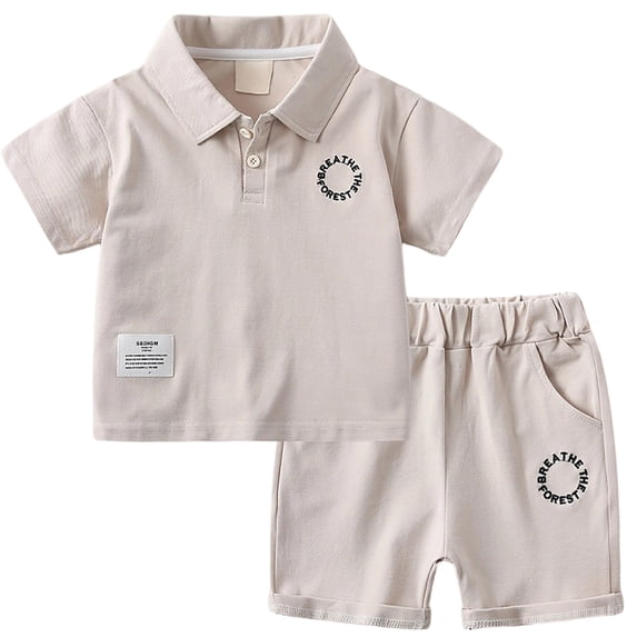 FINALGANG Toddler Boys Girls Solid Color Letter Print Polo Shirt Set Short Sleeve Button Down Casual Top Loose Fit Shorts Two Piece Outfit For Summer Daily Wear Classic Outfit