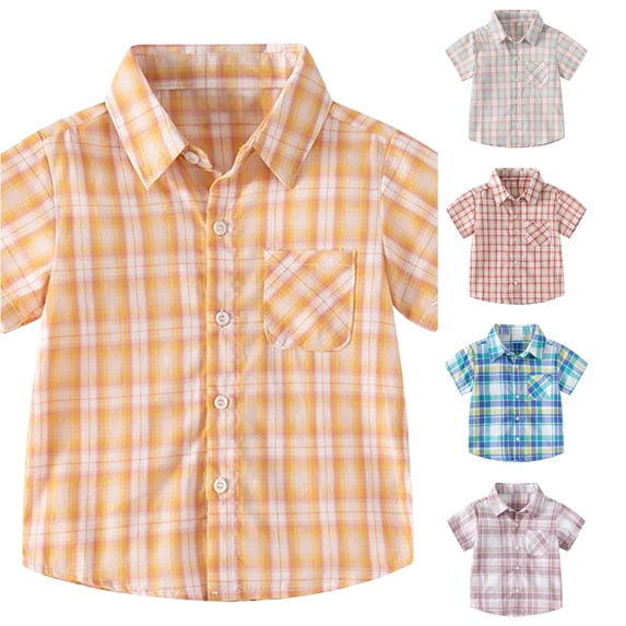FINALGANG Toddler Boys Kids Lapel Collar Short Sleeve utton Front Plaid Check Print Bust Pocket Regular Fit Casual Woven Shirt For Daily Wear Summer Outdoor Activities Soft Top Orange 3-4 Years