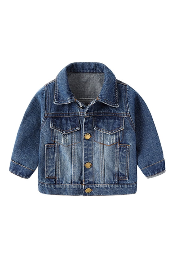 Toddler Boys Solid Color Wash Distressed Denim Jacket Turn Down Collar Long Sleeve Button Closure Vintage Ripped Design Casual Coat For Daily Wear Blue 18-24 Months