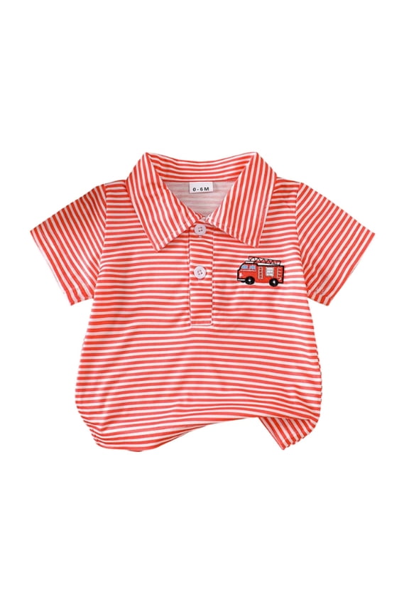 Toddler Boys Striped Short Sleeve Polo Shirt With Fire Truck Embroidery Button Placket Casual Regular Fit For kids Boys Everyday Wear Playdates Stylish Top