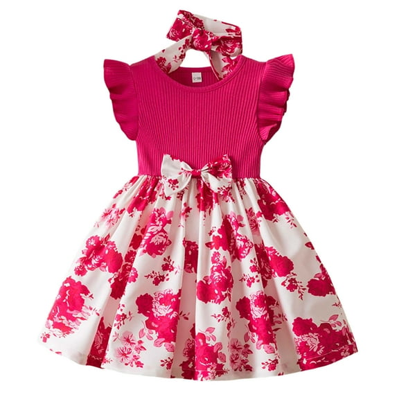 FINALGANG Toddler Children Girls Fly Sleeve Flowers Prints Bowknot Dresses Sundress Headband Suit Kids Daily Wear 2-3 Years