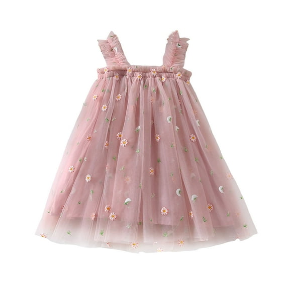 FINALGANG Toddler Girl Floral Print Tulle Dress Ruffle Strap Flowy A Line Casual Sundress For Summer Beach Daily Wear Stylish Dress