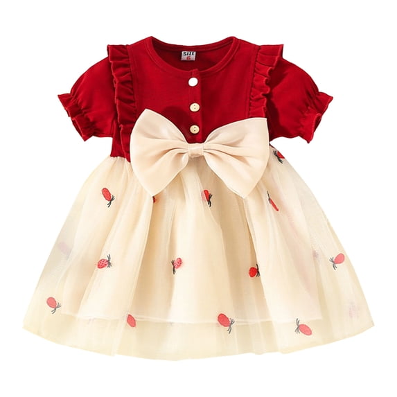 FINALGANG Toddler Girl Strawberry Print Dress Ruffle Trim Puff Sleeve Crewneck Mesh Patchwork Big Bow Front Casual Dress For Spring Daily Wear Versatile Dress
