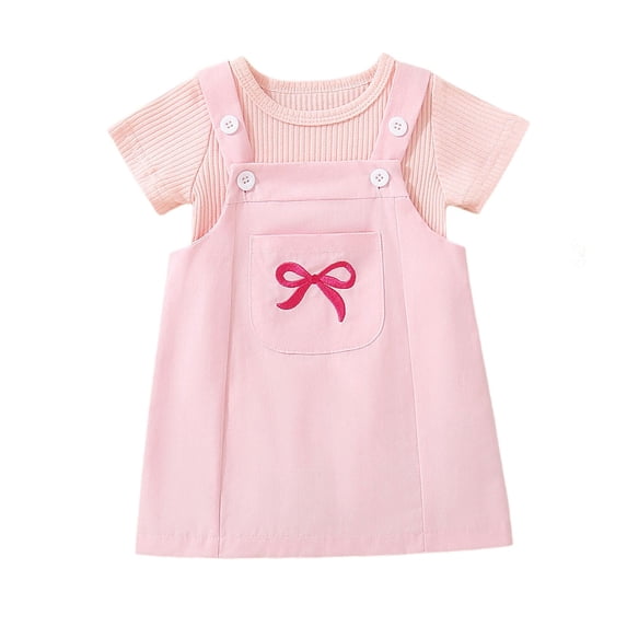 FINALGANG Toddler Girls Cute Bow Embroidered Overall Dress Set Adjustable Straps Dress With Pockets Matching Layer Short Sleeve Jumpsuit For Daily Wear Stylish Outfit