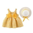 thumbnail image 1 of FINALGANG Toddler Girls Gingham Bow Dress Set Sleeveless Square Neck Large Bow Decor Matching Straw Hat Cute Summer Outfit For Beach Vacation Yellow 2-3 Years, 1 of 3