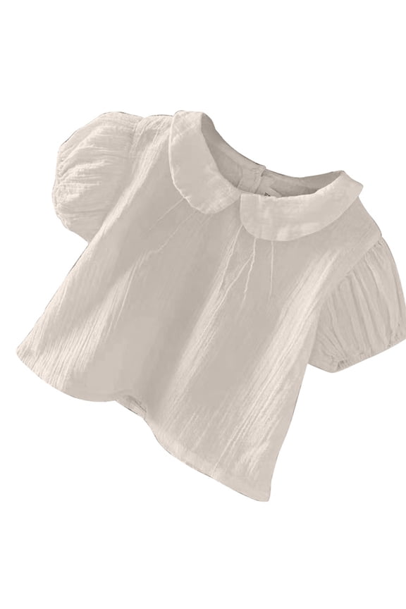 Toddler Girls Solid Color Peter Pan Collar Puff Short Sleeve Blouse Casual Loose Fit Top For Kids Summer Daily Wear Holiday Outings Stylish Top