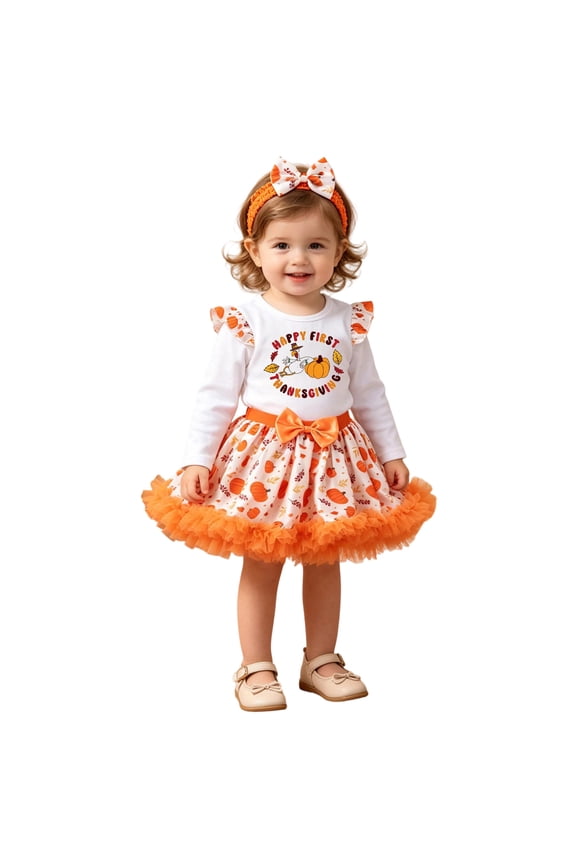 Toddler KIds Girls Crew Neck Ruffle Long Sleeve First Thanksgiving Pumpkin Print Top Pumpkin Pattern Bow Tulle Tutu Skirt Bow Knit Headband Three Piece Holiday Outfit Sets 2-3 Years