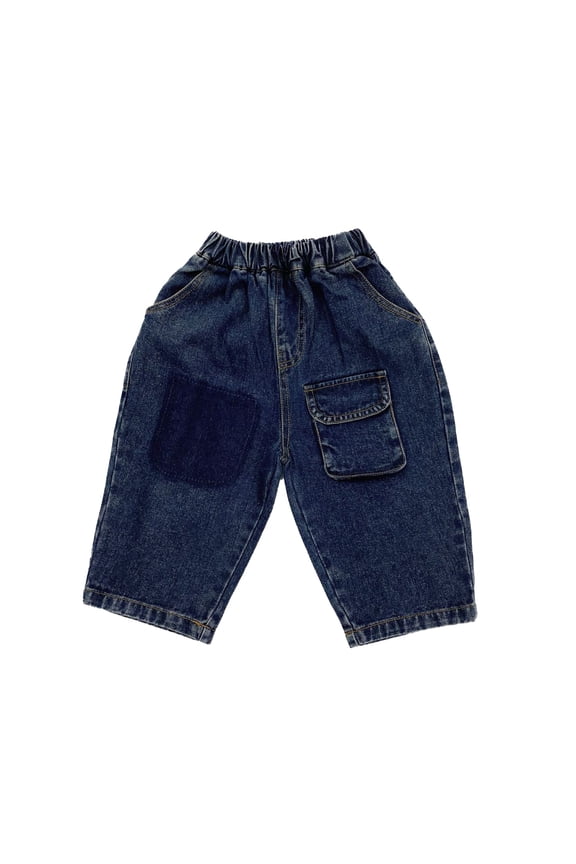 Toddler Kids Boys Elastic Waist Denim Pants Wash Patch Pocket Casual Loose Fit Jeans For Daily Street Wear Dark Blue 1-2 Years