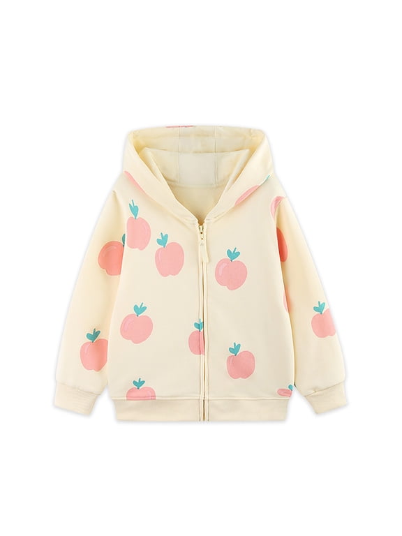 Toddler Kids Girls Hooded Long Sleeve Zip Up Jacket Cream With Apple Print Casual Outerwear For Spring Layering Daily Outdoor Activities Soft Top