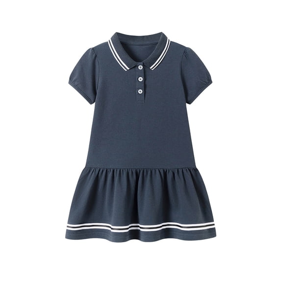 FINALGANG Toddler Kids Girls Solid Color Polo Dress Striped Trim Short Sleeve Ruffle Hem Casual A Line Dress For Daily School Wear Black 5-6 Years