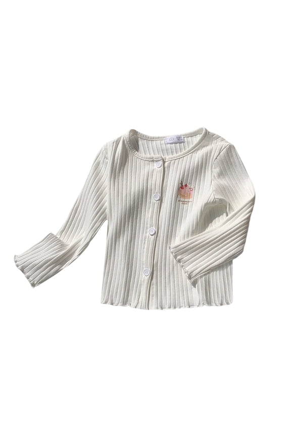 Toddler Kids Girls Solid Color Ribbed Long Sleeve Cardigan Cute Cat Print Button Front Ruffle Hem Casual Outerwear For Daily Wear White 2-3 Years