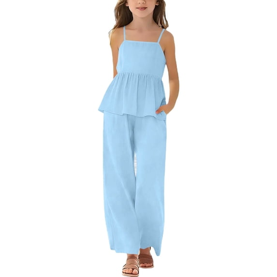 FINALGANG Toddler Kids Girls Solid Color Two Piece Outfit Spaghetti Strap Peplum Top Wide Leg Pants Casual Summer Set For Daily Wear Soft Outfit
