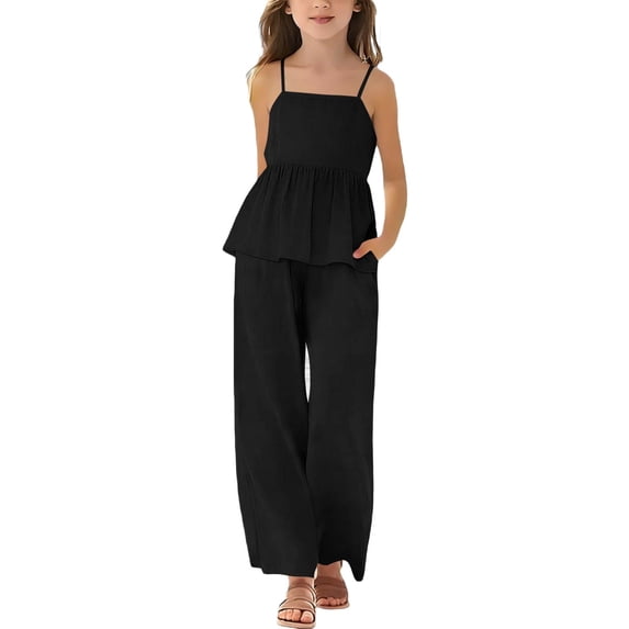 FINALGANG Toddler Kids Girls Solid Color Two Piece Outfit Spaghetti Strap Peplum Top Wide Leg Pants Casual Summer Set For Daily Wear Versatile Outfit