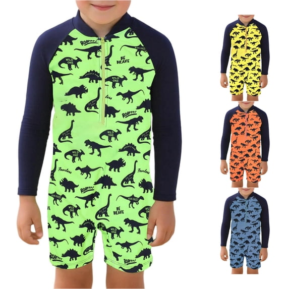 FINALGANG Toddlers Boys Zip Front Half High Neck Long Sleeve Dinosaur Print One Piece Quick Dry Regular Fit Jumpsuit Swim Suit For Kids Summer Beach Lightweight Swimwear 7-8Y/16