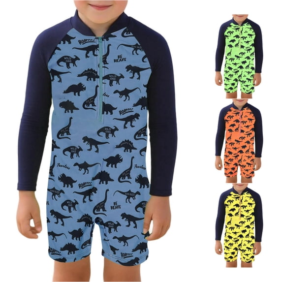 FINALGANG Toddlers Boys Zip Front Half High Neck Long Sleeve Dinosaur Print One Piece Quick Dry Regular Fit Jumpsuit Swim Suit For Kids Summer Beach Stylish Swimwear 7-8Y/16