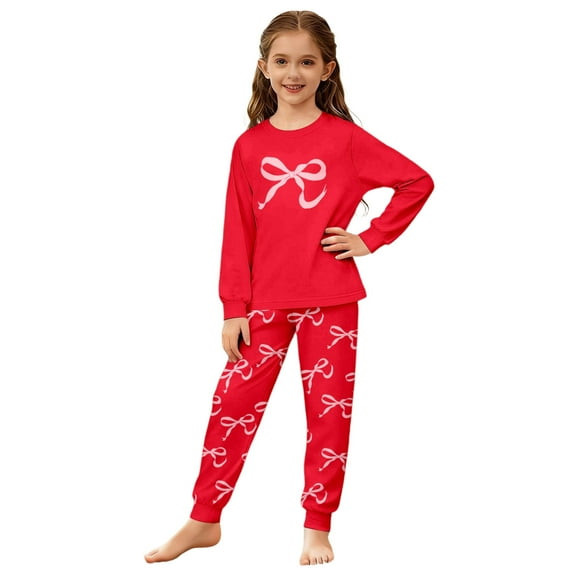 FINALGANG Valentine's Day Girls Kids 2 Piece Homewear Set Cartoon Bow Prints Long Sleeve Lapel Button Down Top Loose Fit Pants For Casual Daily Home Relaxation Fashionable Outfits