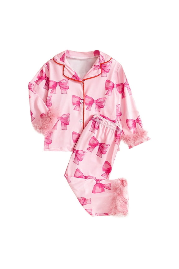 Valentine's Day Girls Kids Bow Prints Homewear Set With Fuzzy Hem Long Sleeve Buttoned Collared Top Elastic Waisted Pants For Casual Home Relaxation Soft Outfit