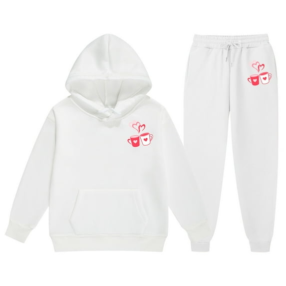 FINALGANG Valentine's Day Girls Kids Cute Cup Prints Tracksuit Long Sleeve Loose Fit Hoodie Elastic Waisted Drawstring Joggers For Daily Outdoor Wear Adorable Outfit