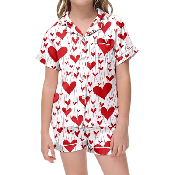 FINALGANG Valentine's Day Girls Kids Heart Prints Homewear Set Short Sleeve Collared Buttoned Top Loose Fit Shorts For Casual Daily Home Relaxation Cute Outfit