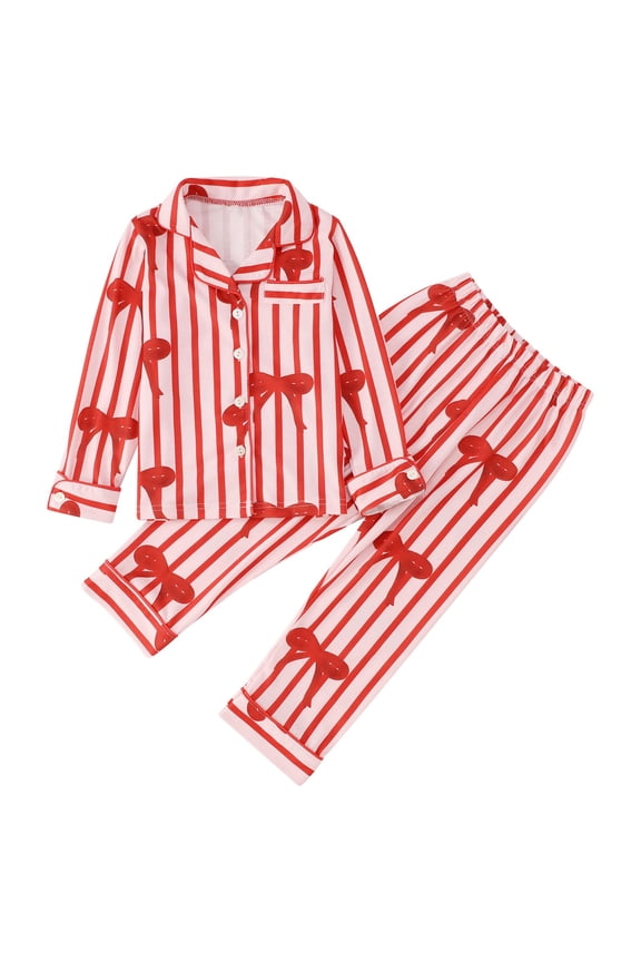 Valentine's Day Girls Kids Striped Bow Homewear Set Long Sleeve Collared Buttoned Top Loose Fit Pants For Home Relaxation Soft Outfit