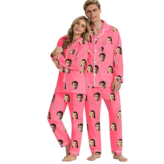 FINALGANG Valentine's Day Unisex 2 Piece Pajama Set DIY Prints Long Sleeve Lapel Button Front Top Elastic Waisted Pants Loungewear Outfit For Holiday Home Relaxation Trendy Pjs