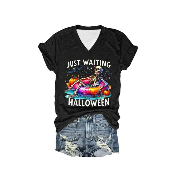FINALGANG Women Autumn T-Shirts Cartoon Print V-Neck Short Sleeve Tshirts Funny Halloween Top Skin Friendly Relaxed Fit Activewear