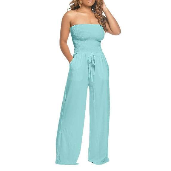 FINALGANG Women Breathable Jumpsuit Solid Color Strapless Loose Fit Onesie Wide Leg Drawstring Pants With Pockets Suitable For Travel Workout Office Home
