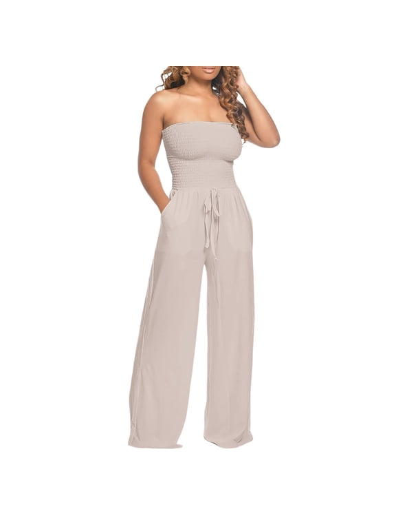 Women Breathable Jumpsuit Solid Color Strapless Loose Fit Onesie Wide Leg Drawstring Pants With Pockets Relaxed Fit Comfort Daily Wear