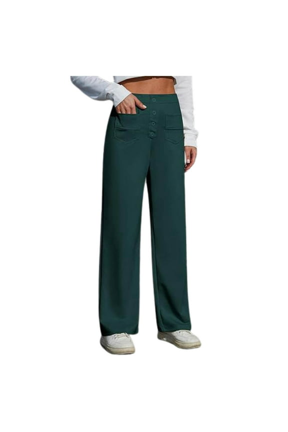 Women Breathable Trousers Solid Color Buttons Down Stretch Work Pants High Waist Straight Leg Slacks With Pockets Design Durable Skin Friendly Fabric